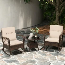 Tangkula 3 Pieces Rocking Bistro Set, Patiojoy Outdoor PE Rattan Rocker Chairs with Removable Cushions & Tempered Glass Top Coffee Table