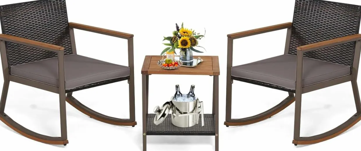 Tangkula 3 Pieces Rocking Bistro Set, Outdoor Rocker Chair with Coffee Table & Cushions