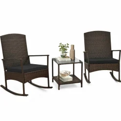 Tangkula 3 Pieces Rocking Wicker Bistro Set, Outdoor Front Porch Rocker Chairs Conversation Set