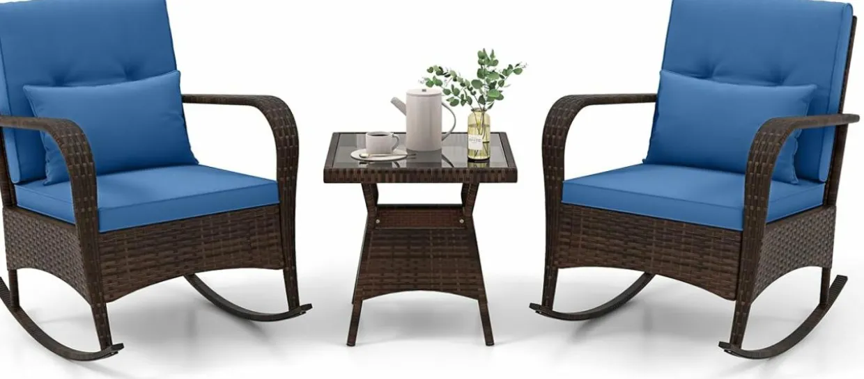 Tangkula 3 Pieces Rocking Bistro Set, Patiojoy Outdoor PE Rattan Rocker Chairs with Removable Cushions & Tempered Glass Top Coffee Table