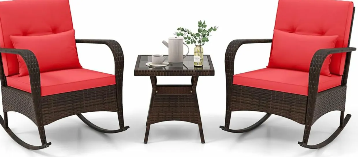 Tangkula 3 Pieces Rocking Bistro Set, Patiojoy Outdoor PE Rattan Rocker Chairs with Removable Cushions & Tempered Glass Top Coffee Table