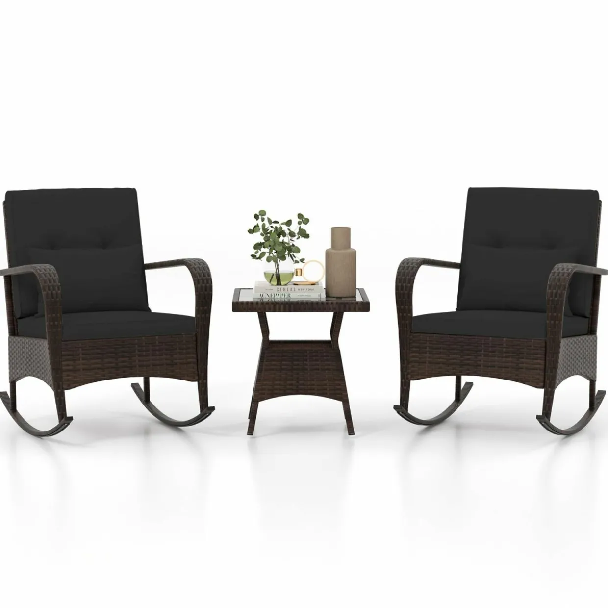 Tangkula 3 Pieces Rocking Bistro Set, Patiojoy Outdoor PE Rattan Rocker Chairs with Removable Cushions & Tempered Glass Top Coffee Table