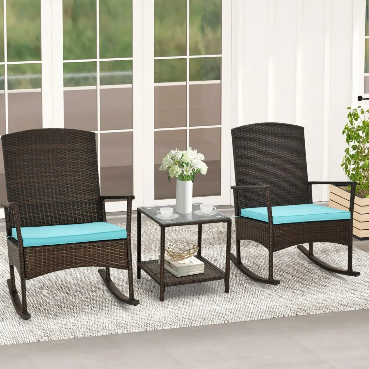 Tangkula 3 Pieces Rocking Wicker Bistro Set, Outdoor Front Porch Rocker Chairs Conversation Set