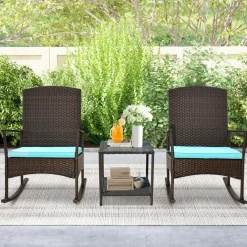 Tangkula 3 Pieces Rocking Wicker Bistro Set, Outdoor Front Porch Rocker Chairs Conversation Set