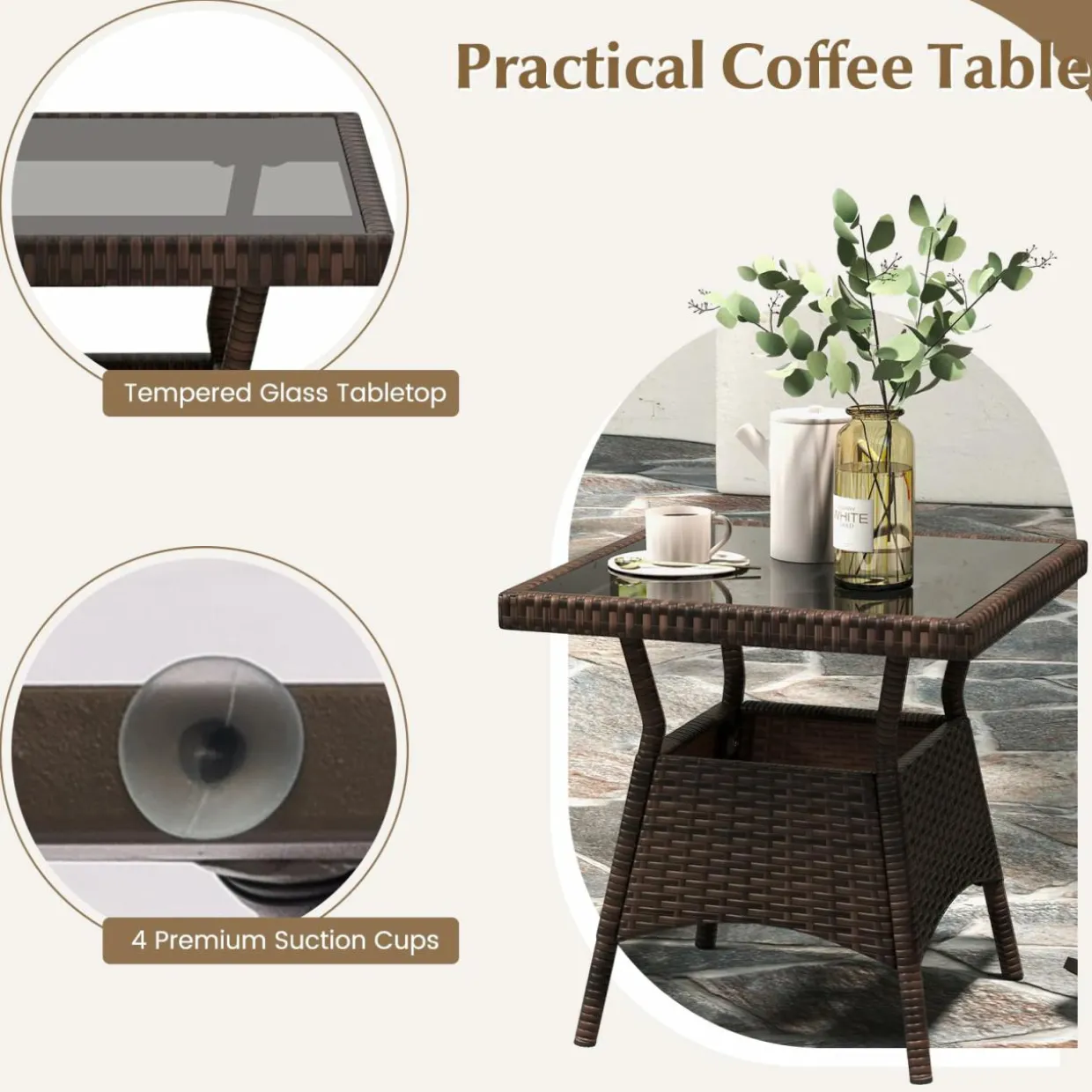 Tangkula 3 Pieces Rocking Bistro Set, Patiojoy Outdoor PE Rattan Rocker Chairs with Removable Cushions & Tempered Glass Top Coffee Table