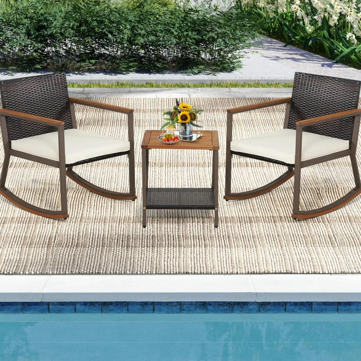 Tangkula 3 Pieces Rocking Bistro Set, Outdoor Rocker Chair with Coffee Table & Cushions