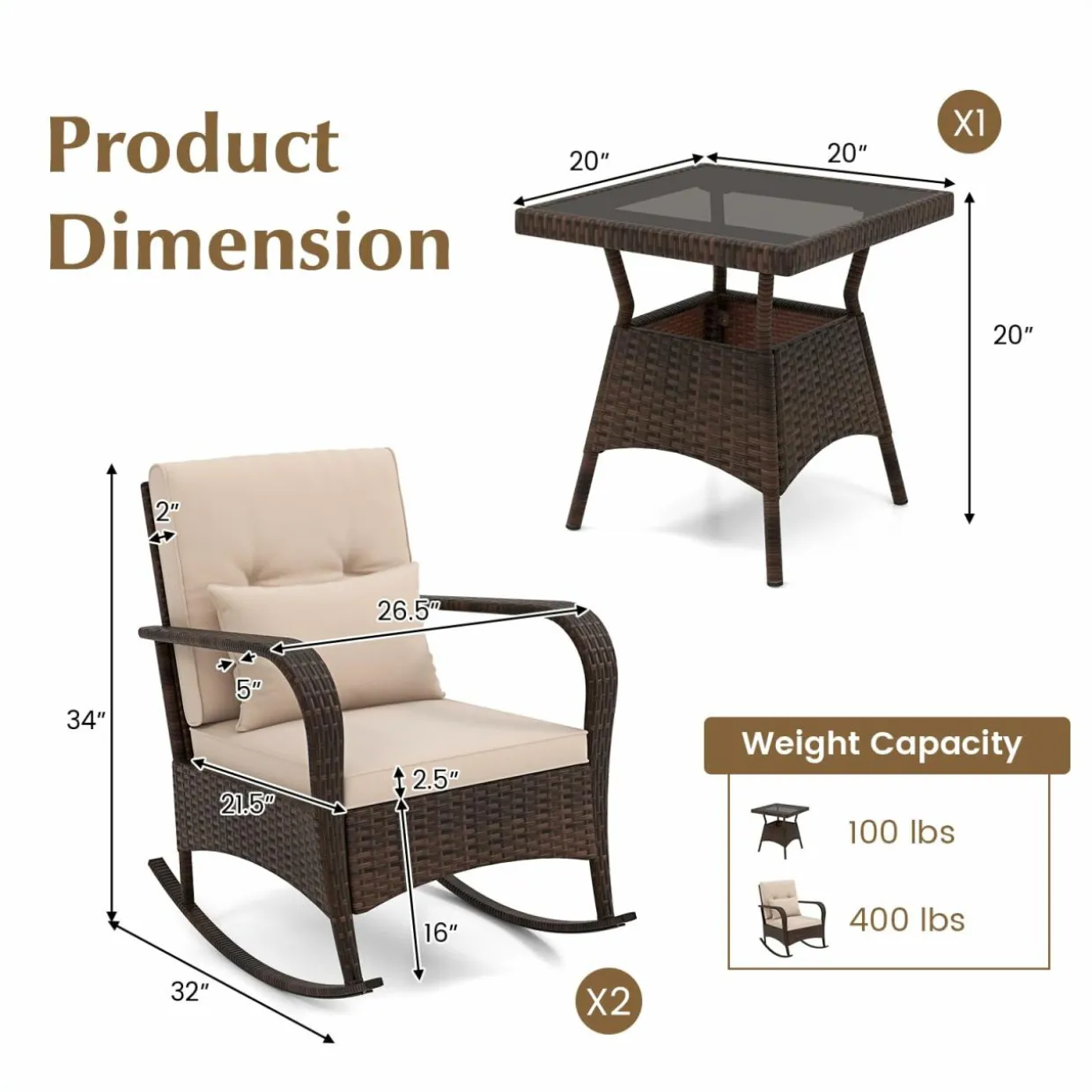 Tangkula 3 Pieces Rocking Bistro Set, Patiojoy Outdoor PE Rattan Rocker Chairs with Removable Cushions & Tempered Glass Top Coffee Table