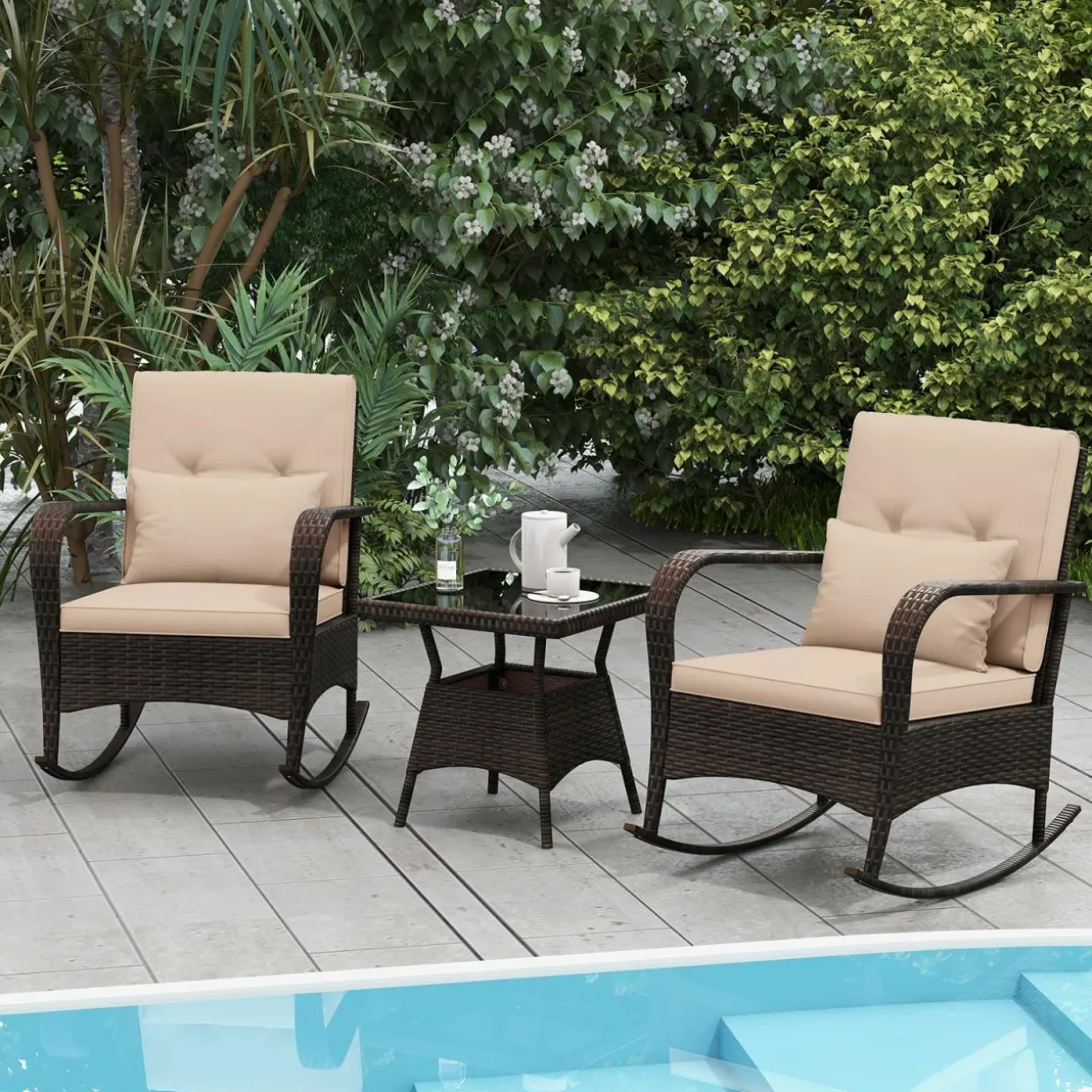 Tangkula 3 Pieces Rocking Bistro Set, Patiojoy Outdoor PE Rattan Rocker Chairs with Removable Cushions & Tempered Glass Top Coffee Table