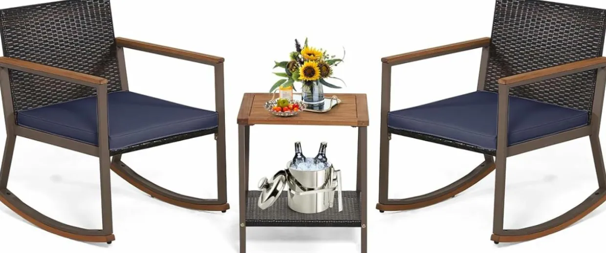 Tangkula 3 Pieces Rocking Bistro Set, Outdoor Rocker Chair with Coffee Table & Cushions