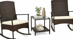 Tangkula 3 Pieces Rocking Wicker Bistro Set, Outdoor Front Porch Rocker Chairs Conversation Set