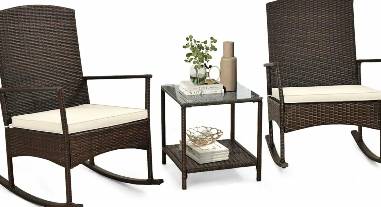 Tangkula 3 Pieces Rocking Wicker Bistro Set, Outdoor Front Porch Rocker Chairs Conversation Set