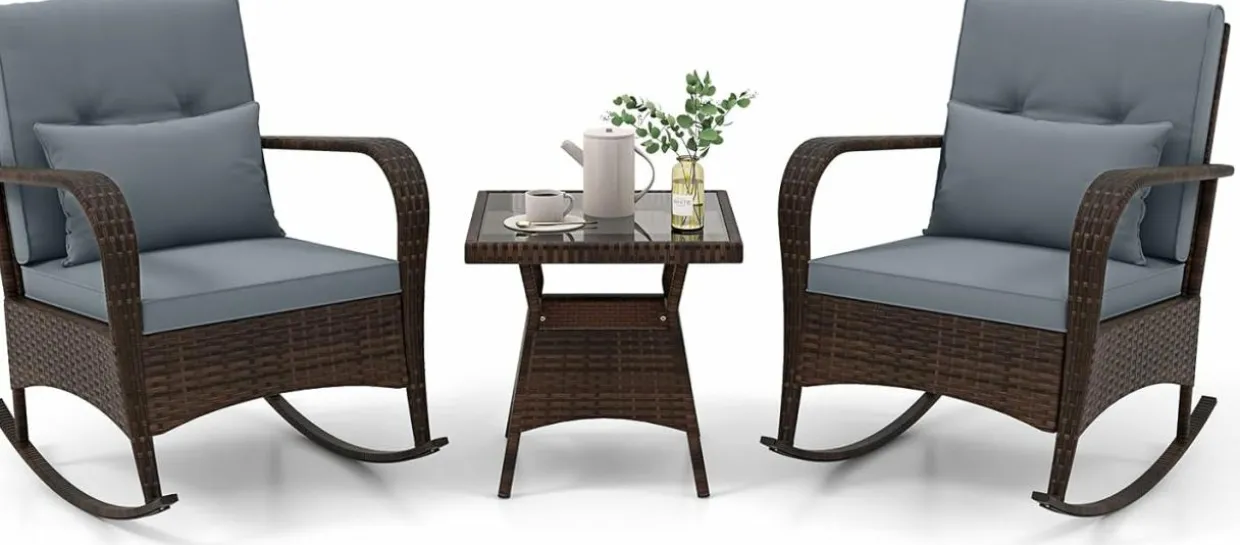 Tangkula 3 Pieces Rocking Bistro Set, Patiojoy Outdoor PE Rattan Rocker Chairs with Removable Cushions & Tempered Glass Top Coffee Table