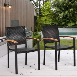 Tangkula 2 Pieces Stackable Patio Rattan Chair, Outdoor PE Wicker Dining Armchair W/Galvanized Steel Frame, Acacia-Topped Armrests