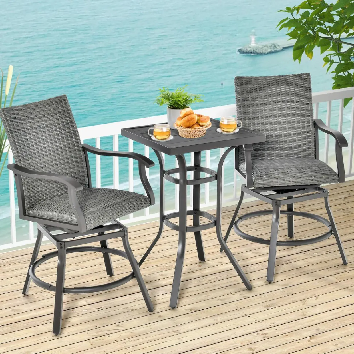 Tangkula 3 Pieces Swivel Bar Set, Aluminum Bar Height Furniture Set