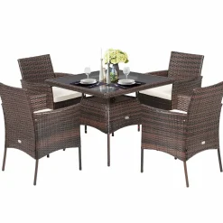 Tangkula 5 Pieces Wicker Patio Dining Set, Outdoor PE Rattan Chairs Table Set with 4 Seat Cushions