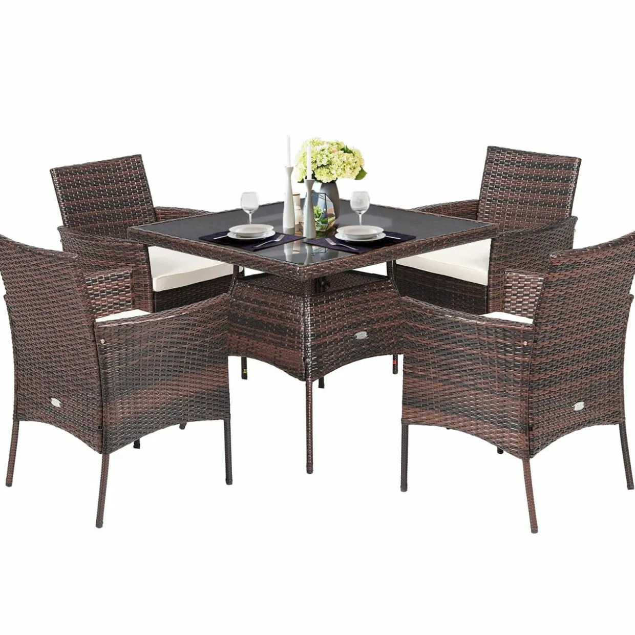 Tangkula 5 Pieces Wicker Patio Dining Set, Outdoor PE Rattan Chairs Table Set with 4 Seat Cushions
