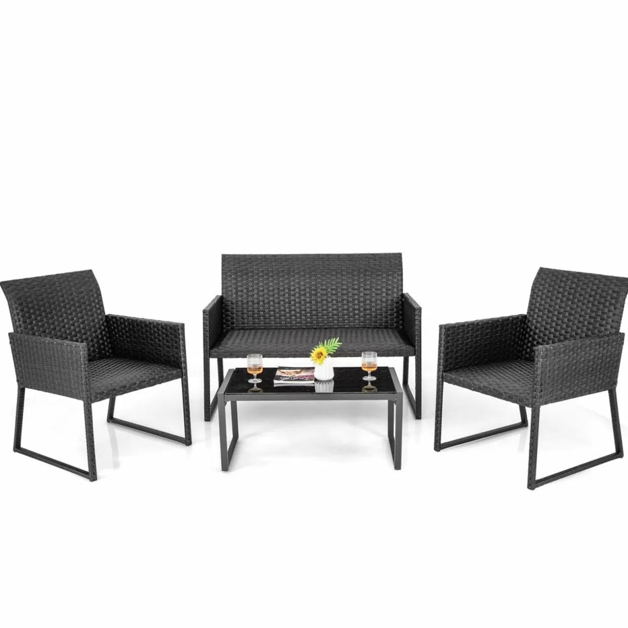 Tangkula 4 Pieces Wicker Patio Furniture Set with Quick-Drying Foam