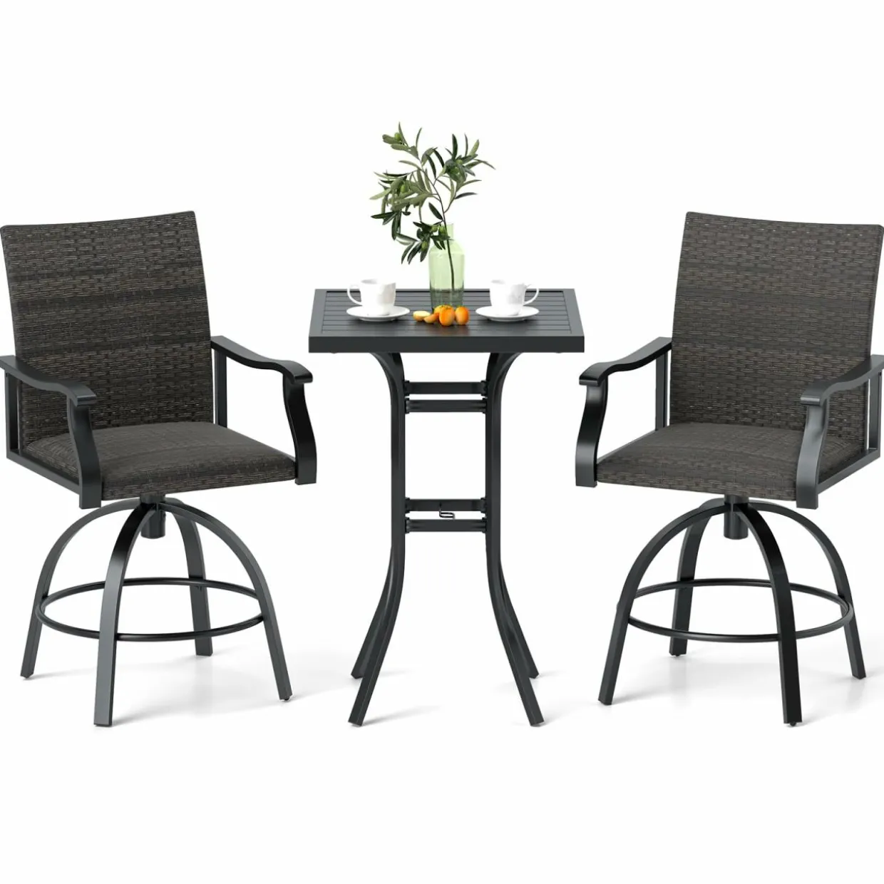 Tangkula 3 Pieces Wicker Patio Swivel Bar Set