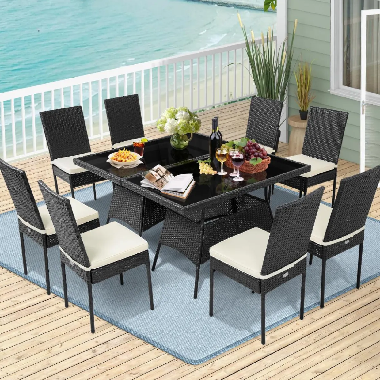 Tangkula 10 Pieces Wicker Patio Dining Set, Outdoor Rattan Table & Chairs Set with Padded Cushions