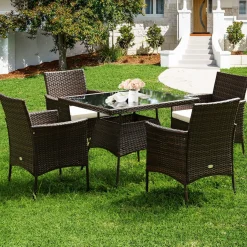 Tangkula 5 Pieces Wicker Patio Dining Set, Outdoor PE Rattan Chairs Table Set with 4 Seat Cushions