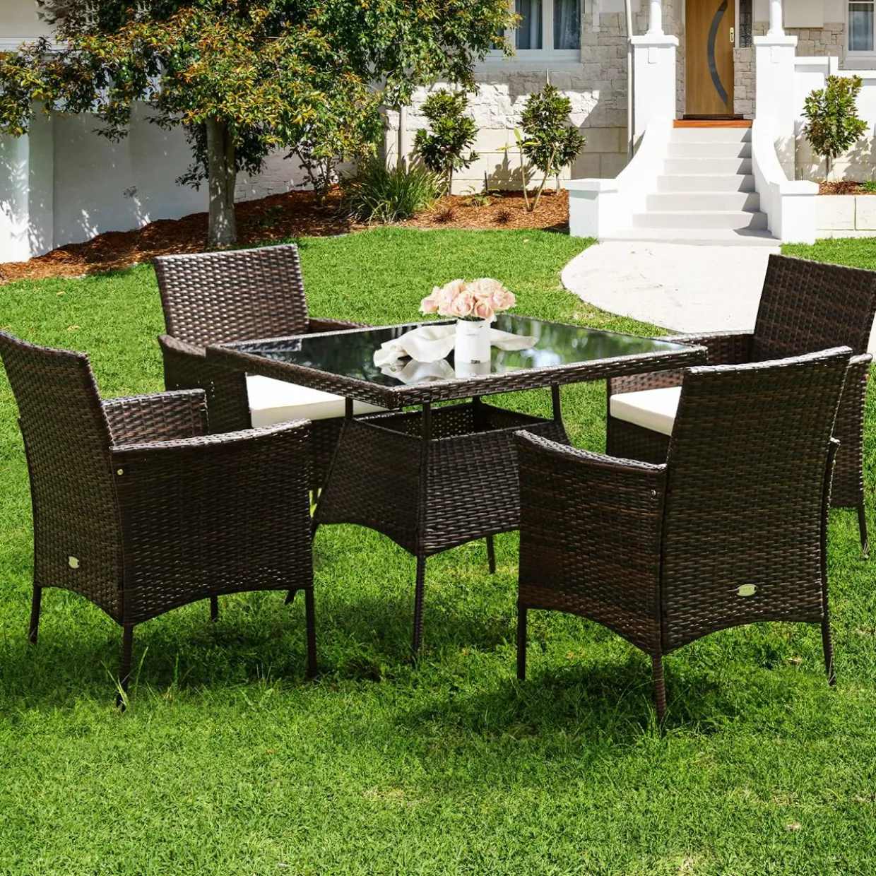 Tangkula 5 Pieces Wicker Patio Dining Set, Outdoor PE Rattan Chairs Table Set with 4 Seat Cushions