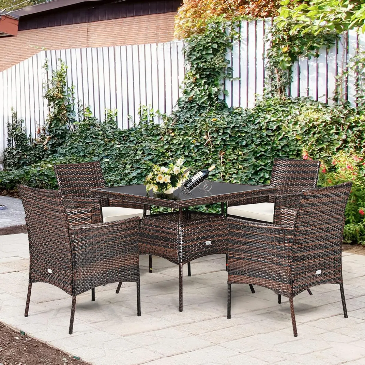 Tangkula 5 Pieces Wicker Patio Dining Set, Outdoor PE Rattan Chairs Table Set with 4 Seat Cushions