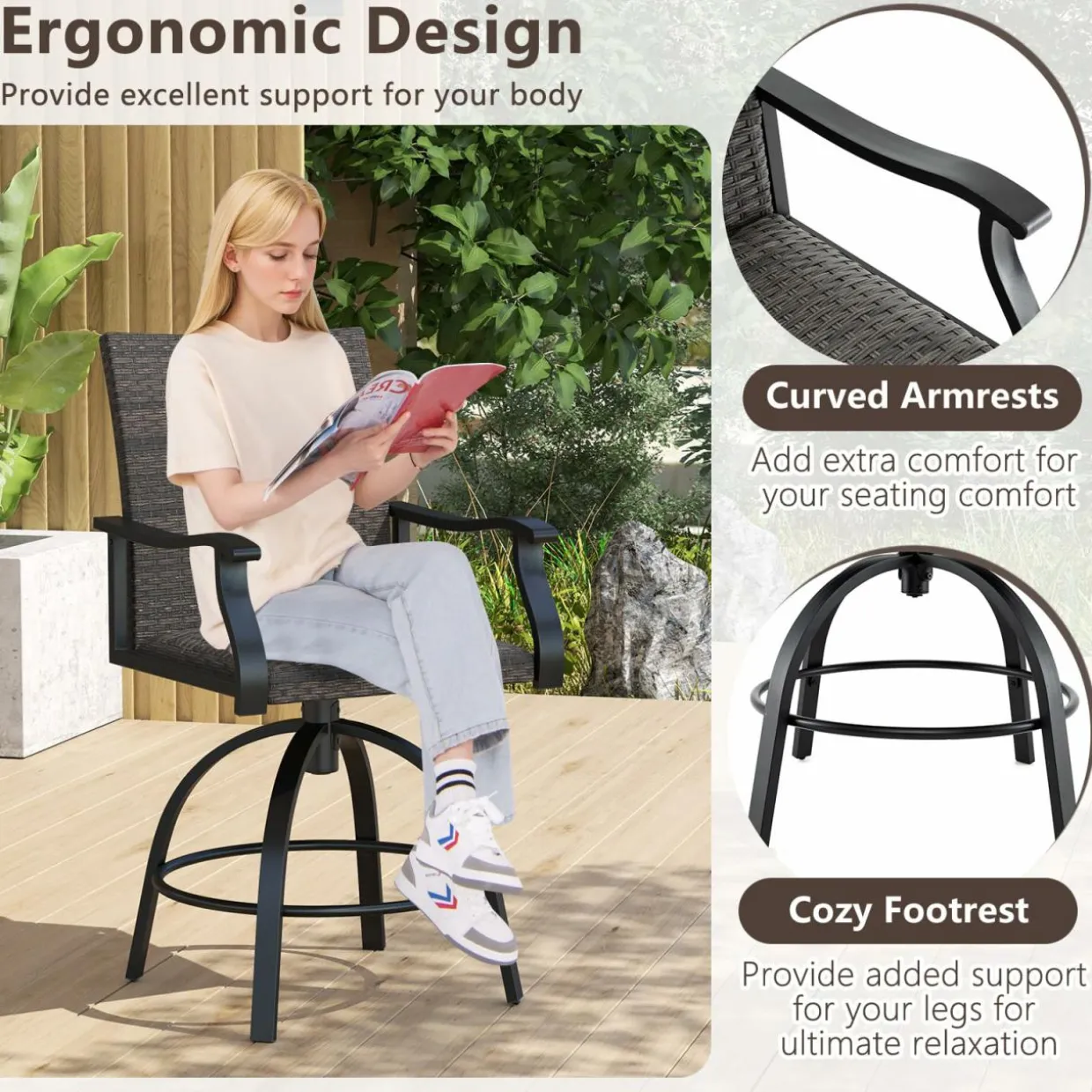Tangkula 3 Pieces Wicker Patio Swivel Bar Set