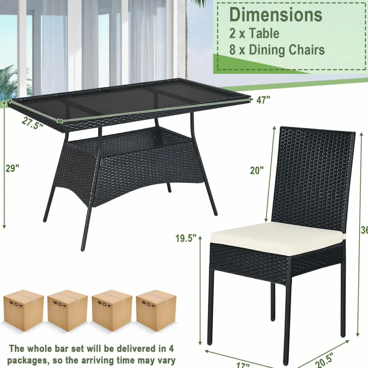 Tangkula 10 Pieces Wicker Patio Dining Set, Outdoor Rattan Table & Chairs Set with Padded Cushions