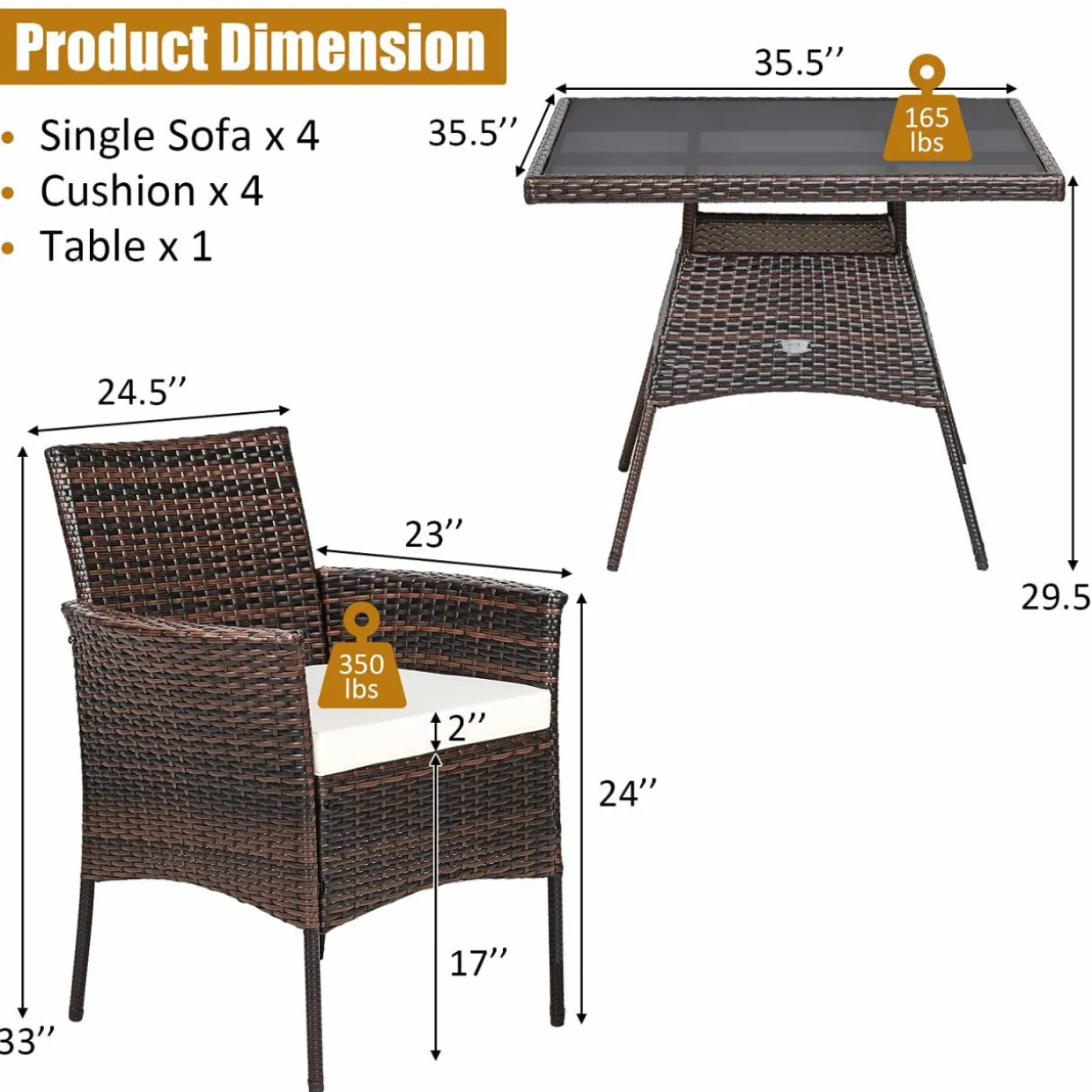 Tangkula 5 Pieces Wicker Patio Dining Set, Outdoor PE Rattan Chairs Table Set with 4 Seat Cushions