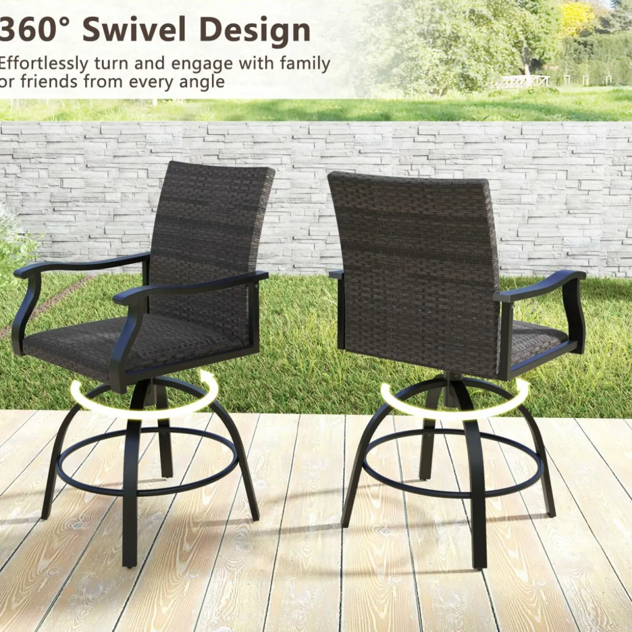 Tangkula 3 Pieces Wicker Patio Swivel Bar Set