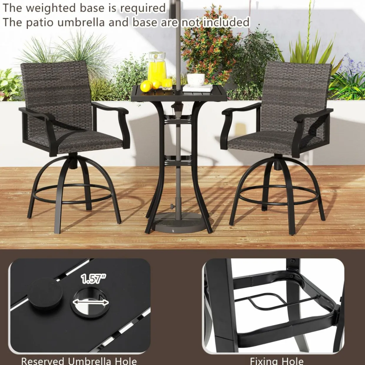 Tangkula 3 Pieces Wicker Patio Swivel Bar Set