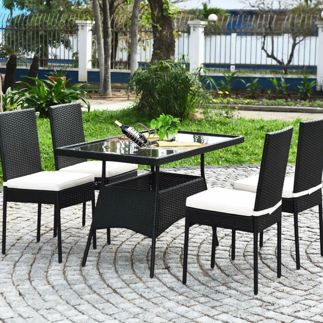 Tangkula 10 Pieces Wicker Patio Dining Set, Outdoor Rattan Table & Chairs Set with Padded Cushions
