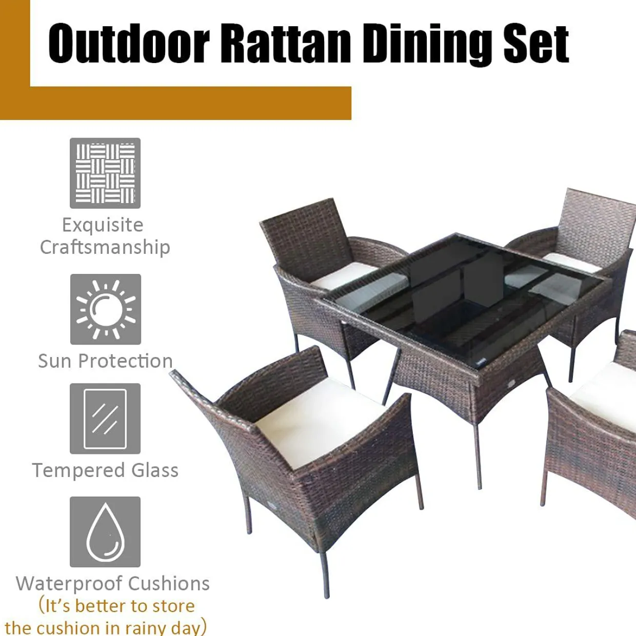 Tangkula 5 Pieces Wicker Patio Dining Set, Outdoor PE Rattan Chairs Table Set with 4 Seat Cushions