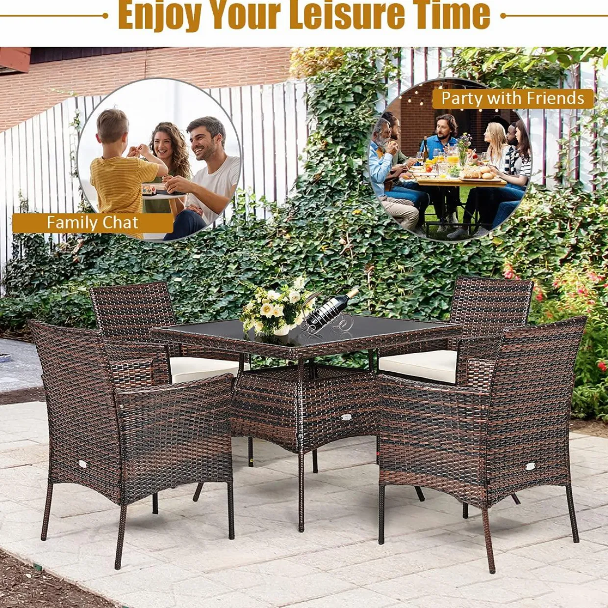 Tangkula 5 Pieces Wicker Patio Dining Set, Outdoor PE Rattan Chairs Table Set with 4 Seat Cushions