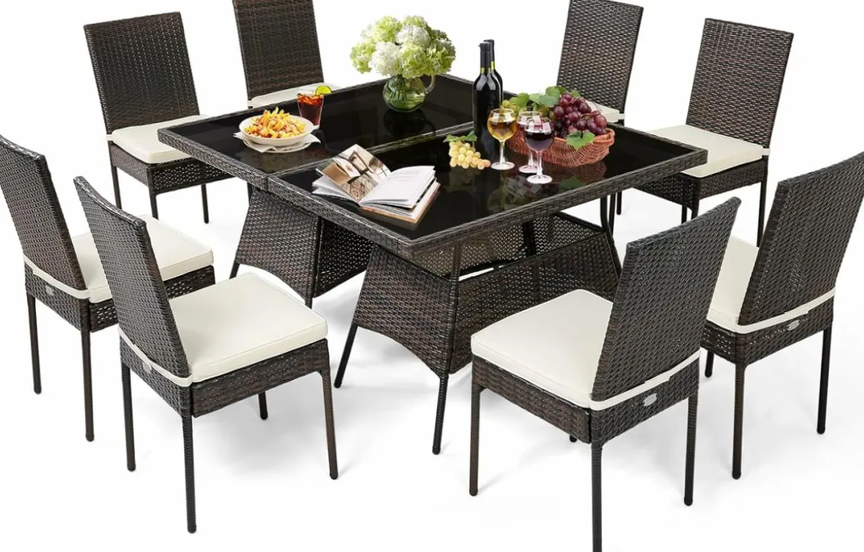 Tangkula 10 Pieces Wicker Patio Dining Set, Outdoor Rattan Table & Chairs Set with Padded Cushions
