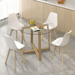Tangkula 42" Round Glass Dining Table Set for 4-6, 0.3” Modern Tempered Glass Tabletop with 4 Padded Chairs