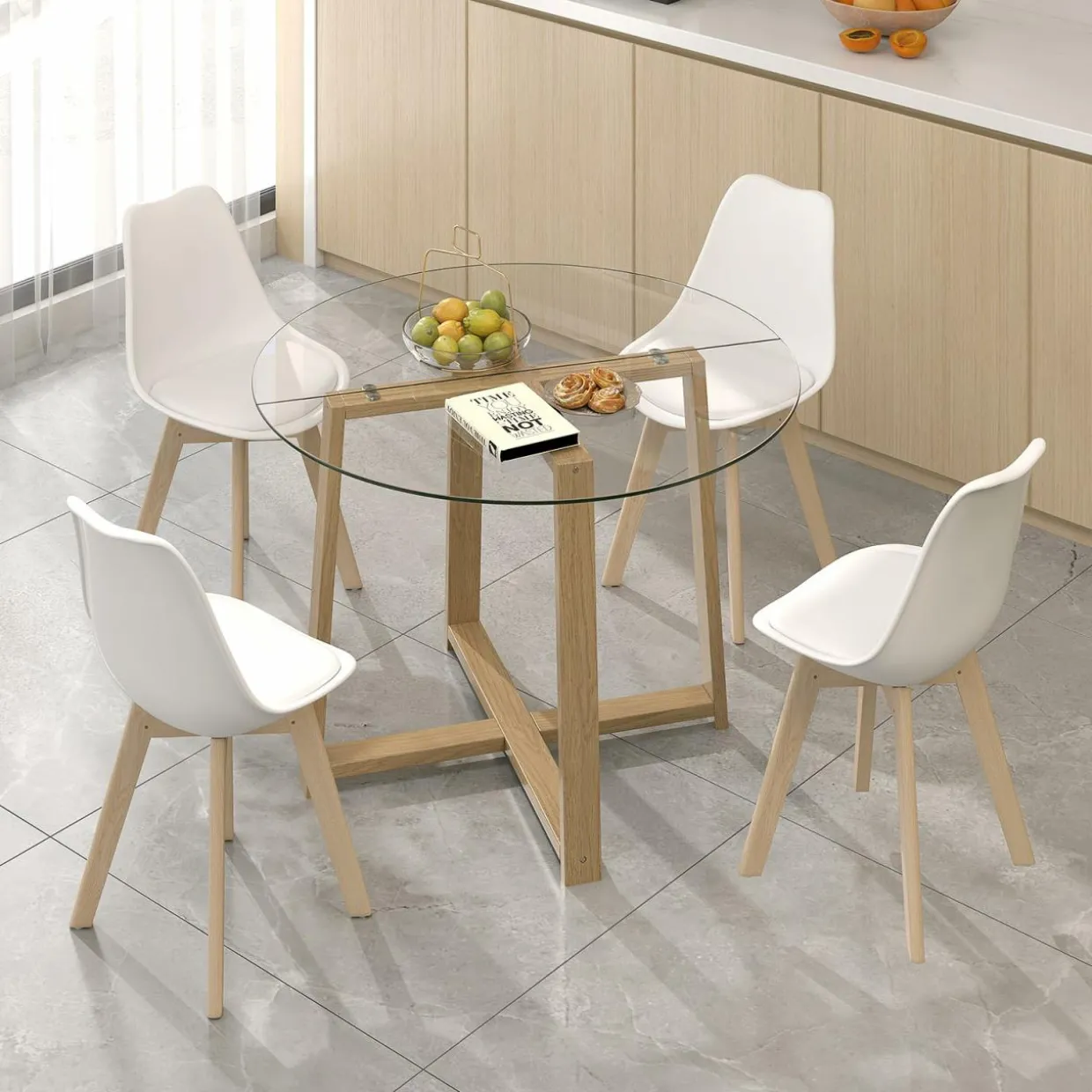 Tangkula 42" Round Glass Dining Table Set for 4-6, 0.3” Modern Tempered Glass Tabletop with 4 Padded Chairs