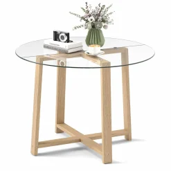 Tangkula 42" Round Glass Dining Table for 4-6, 0.3” Tempered Glass Tabletop with X-Shaped Rubber Wood Frame