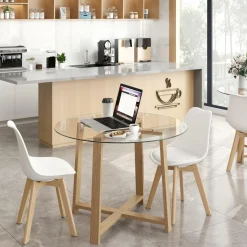 Tangkula 42" Round Glass Dining Table Set for 4-6, 0.3” Modern Tempered Glass Tabletop with 4 Padded Chairs