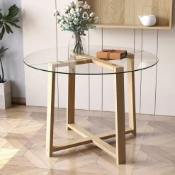 Tangkula 42" Round Glass Dining Table for 4-6, 0.3” Tempered Glass Tabletop with X-Shaped Rubber Wood Frame