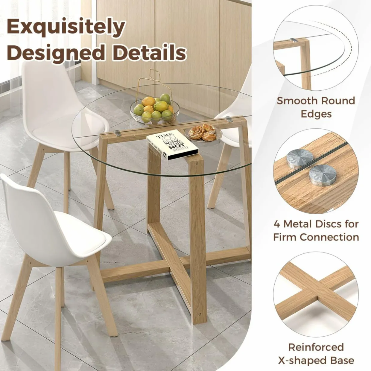Tangkula 42" Round Glass Dining Table Set for 4-6, 0.3” Modern Tempered Glass Tabletop with 4 Padded Chairs