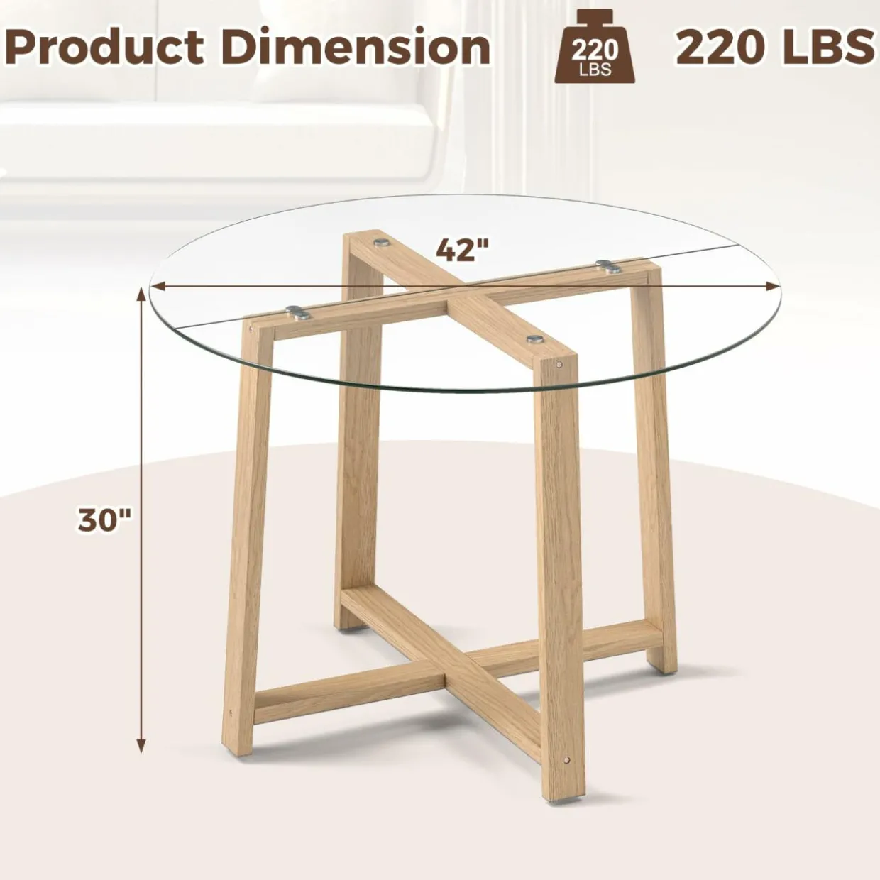 Tangkula 42" Round Glass Dining Table for 4-6, 0.3” Tempered Glass Tabletop with X-Shaped Rubber Wood Frame