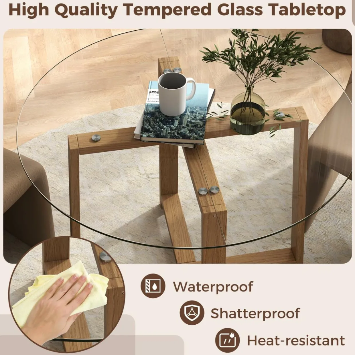 Tangkula 42" Round Glass Dining Table Set for 4-6, 0.3” Modern Tempered Glass Tabletop with 4 Padded Chairs