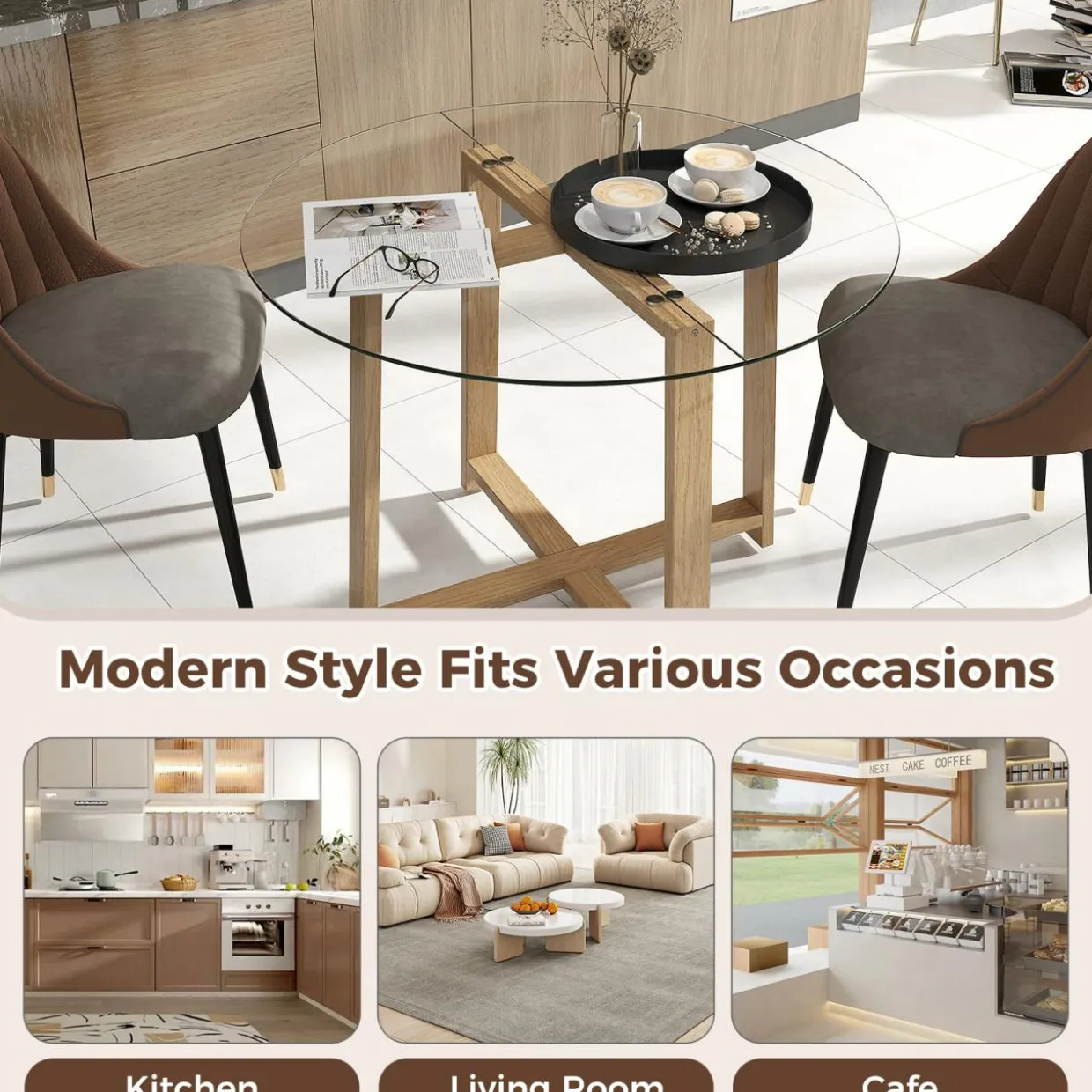 Tangkula 42" Round Glass Dining Table Set for 4-6, 0.3” Modern Tempered Glass Tabletop with 4 Padded Chairs