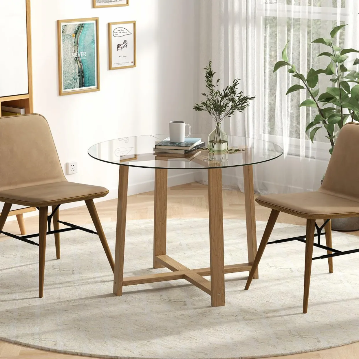 Tangkula 42" Round Glass Dining Table for 4-6, 0.3” Tempered Glass Tabletop with X-Shaped Rubber Wood Frame