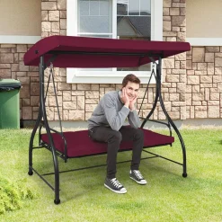 Tangkula 3 Seats Converting Patio Swing, Outdoor Porch Garden Canopy Swing with Comfortable Cushion Seats
