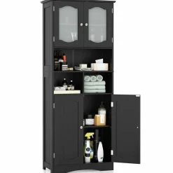Tangkula 58.5" Tall Bathroom Storage Cabinet, Freestanding Linen Cabinet with Frost Glass Doors and Shelves