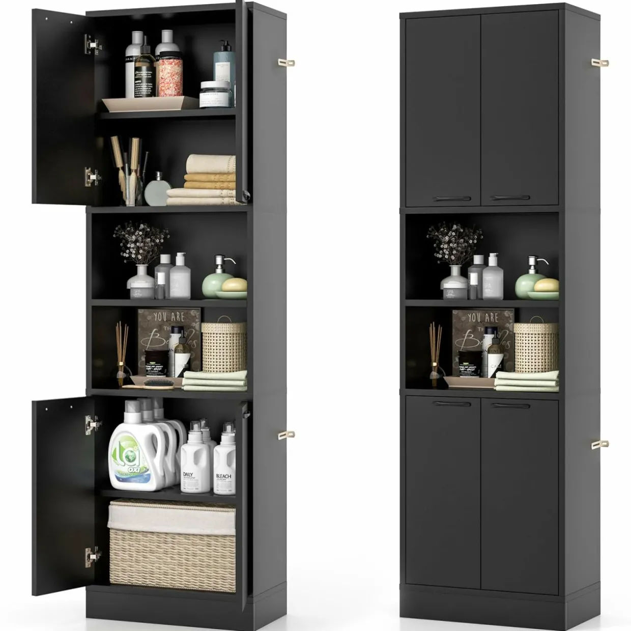 Tangkula 75" Tall Bathroom Storage Cabinet, Bathroom Floor Cabinet with 4 Doors & 2 Open Shelves