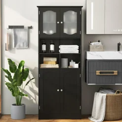 Tangkula 58.5" Tall Bathroom Storage Cabinet, Freestanding Linen Cabinet with Frost Glass Doors and Shelves