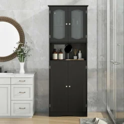 Tangkula 64.5" Tall Bathroom Storage Cabinet, Freestanding Linen Cabinet with Frost Glass Doors and Shelves
